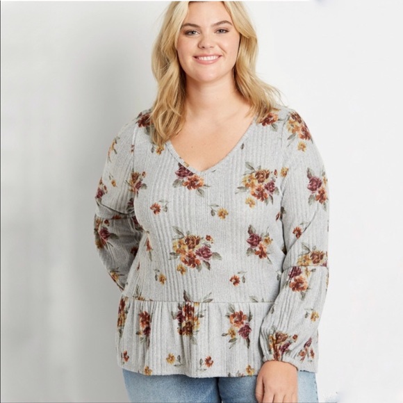 Plus Sz 3X Gray Floral Ribbed Peplum Top - Picture 1 of 11